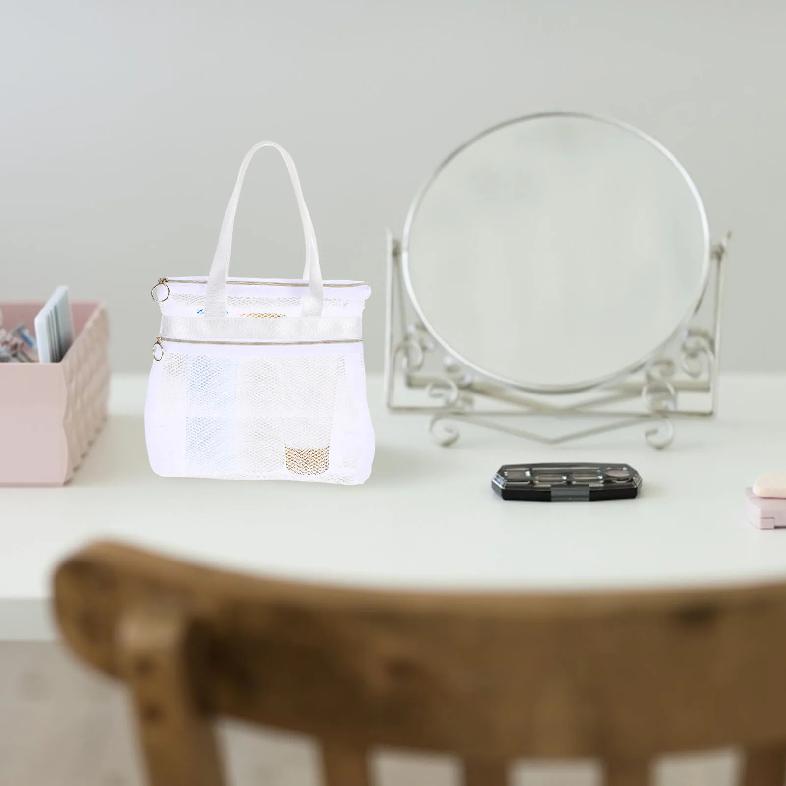 

DOITOOL Travel Toiletry Bag for Women Portable Makeup Shower Nylon Zipper Storage Bag Multi Pocket Beach Organiser White