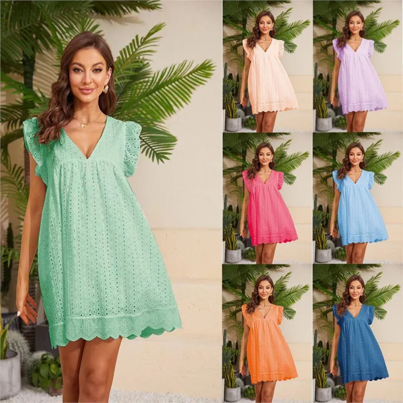 

2025 Romper V-neck Summer Short Sleeve Lace Dress Hollow Casual Dress Women Party Dresses Ladies Summer Solid Mini A-Line Dress