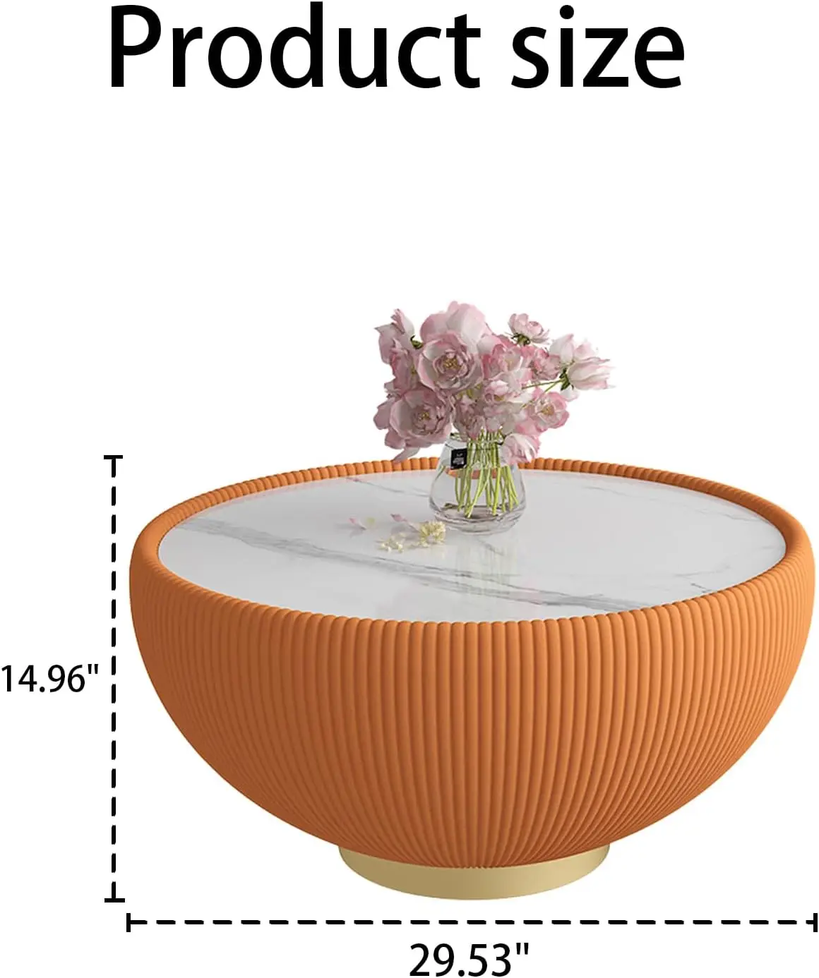 29.53" Orange Round Drum Coffee Table - Sintered Stone Tabletop, Fluted PU Leather Cover & Metal Base,