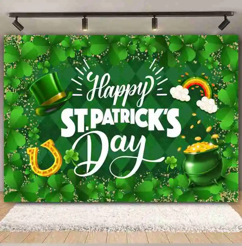 St. Patrick’s Day Backdrop Green Lucky Shamrocks Hat Gold Coin Baby Portrait Holiday Party Photography Background Photo Studio
