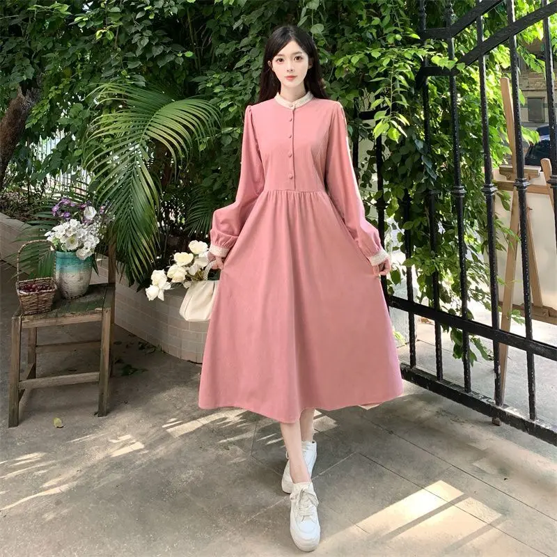 Women's Autumn High-end Retro Temperament Waist-hugging Tea Break Corduroy Dress