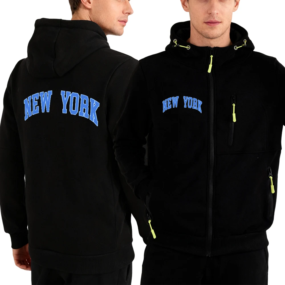 

New York Letter Blue Design Man Zipper Hooded Casual Oversize Streetwear Autumn Fashion Loose Hoodie Fleece Male Sportswear