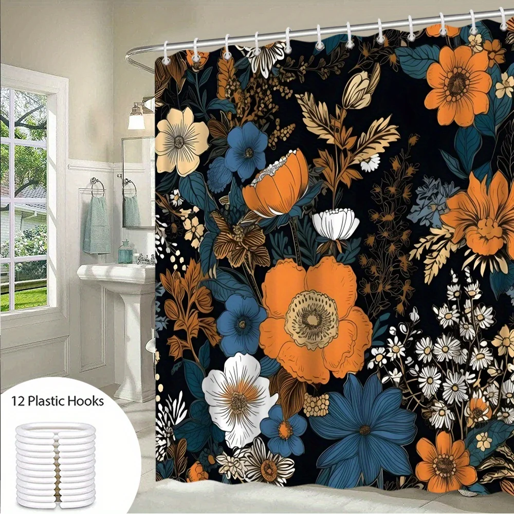 1pc Vintage Floral Garden Shower Curtain - Orange, White, Teal Flowers on Charcoal Background with Detailed Leaves, Washable Pol
