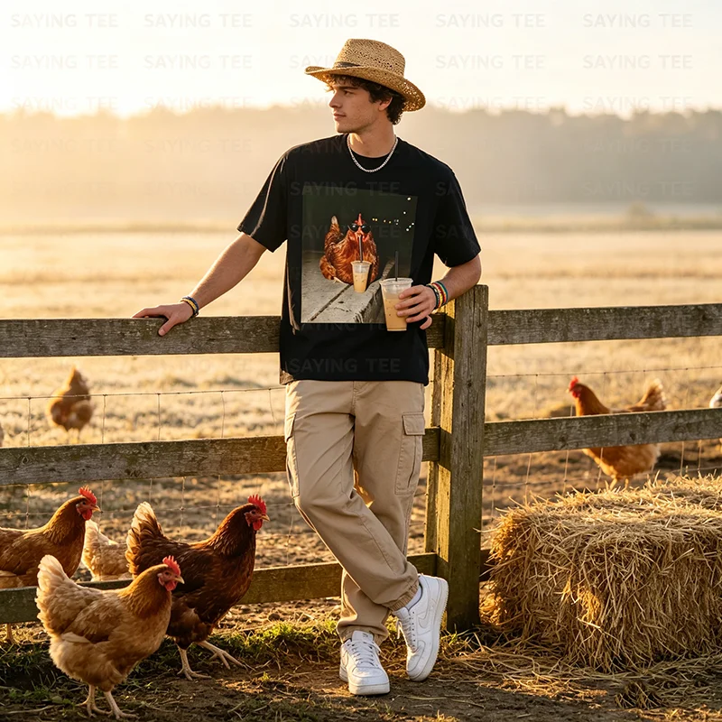 Huhn trinkt Eiskaffee, lustiges Hühnerliebhaber-Bauern-T-Shirt, Y3k-Hahn-Humor, ästhetische Kleidung, Neuheitsgeschenk, kurze Ärmel – Detail 5