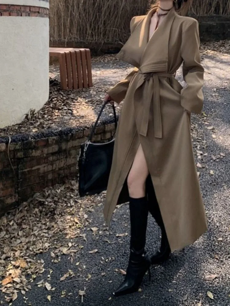 

Осень 2024, женский черный плащ цвета хаки, повседневный свободный облегающий кардиган с большими лацканами, стильная верхняя одежда с длинными рукавами