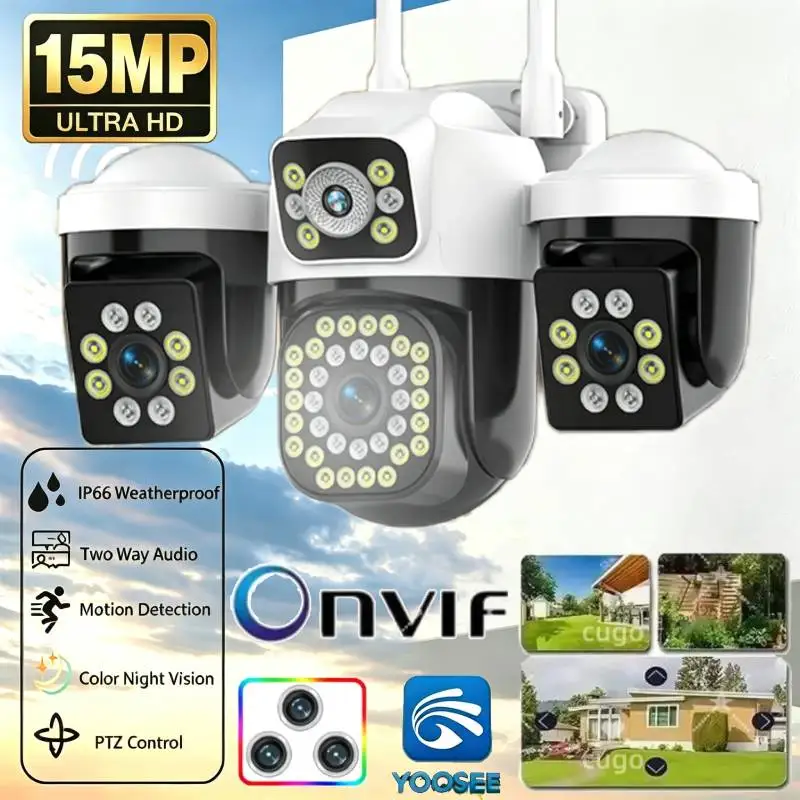 Caméra de sécurité extérieure PTZ à triple objectif et triple écran, 15MP, Vision nocturne, étanche IP66, Audio bidirectionnel, Zoom 10X, caméra CCTV Onvif