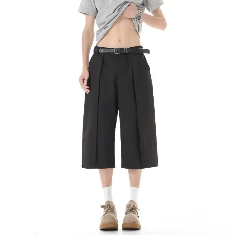 

Spring Summer 2026 New Fashion Men's High Wasit Straight Casual Trendy Loose Wide Leg Straight Knee Length Shorts Male Trousers
