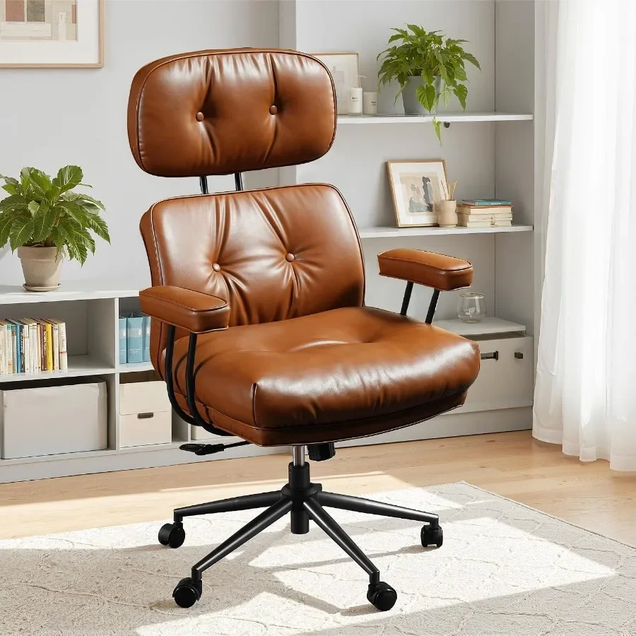 Ergonomic Office Chair with Wheels, Mid Century PU Leather Reclining Executive Chair with Lumbar Support, 350lbs Capacity, High