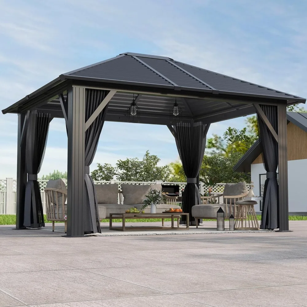 10' x 12' Patio Hardtop Gazebo - Outdoor Metal Hard Top with Fully Enclosed Zip Curtain & Breathable Mesh, Best for Garden,