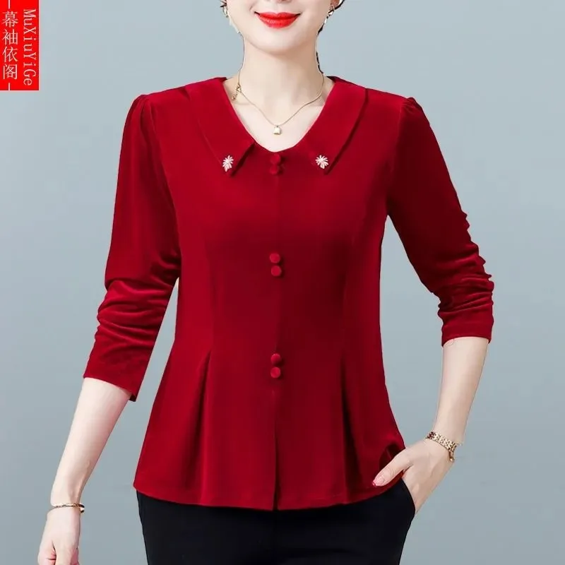 

Spring and Autumn Women's Buttoned Long Sleeve Solid Color Pullover Chiffon Fashion Casual Top