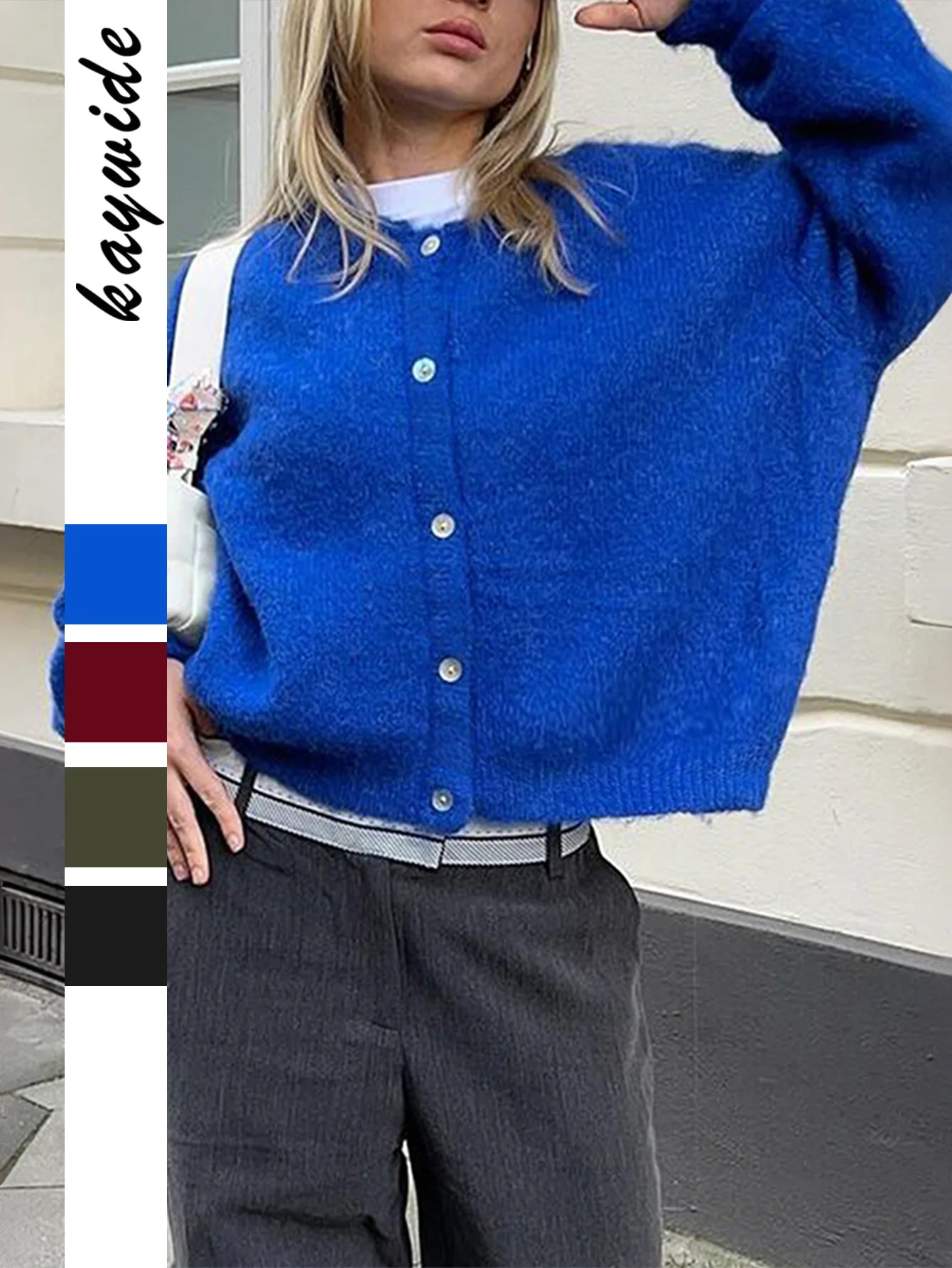 

Женский вязаный кардиган на пуговицах, синий легкий свитер с длинными рукавами и нечеткой текстурой, кардиганы