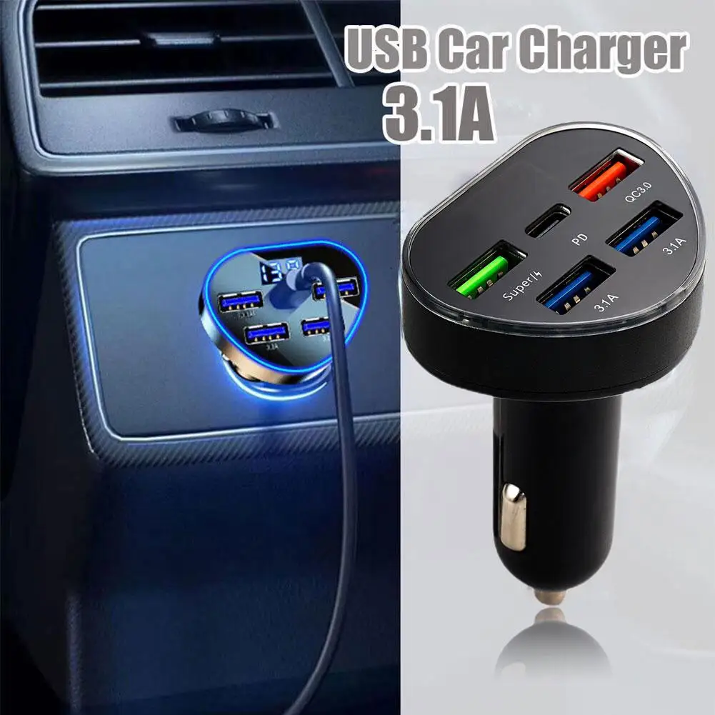 

66W Car Charger PD QC3.0 With 5 Ports Fast Charging Adapter For IPhone USB Type C Cigarette Lighter Charger F7I3