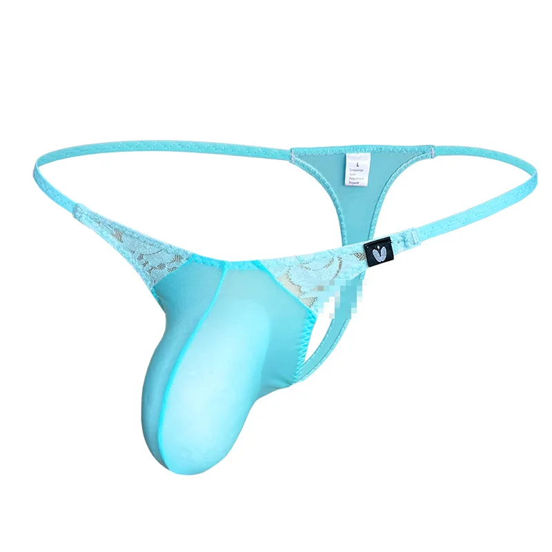 Men Lace Sheer Color Block Thong Underwear Low Waist Large Bulge Pouch Sexy Breathable T-Back Panties