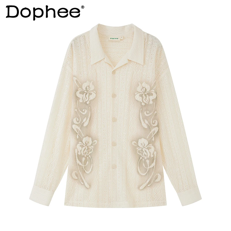 

Men's 2025 Autumn New Fashion Shirts Male Trendy Hollow Out Lace Printed Shirt Men's Long Sleeve Breathable Single-breasted Tops