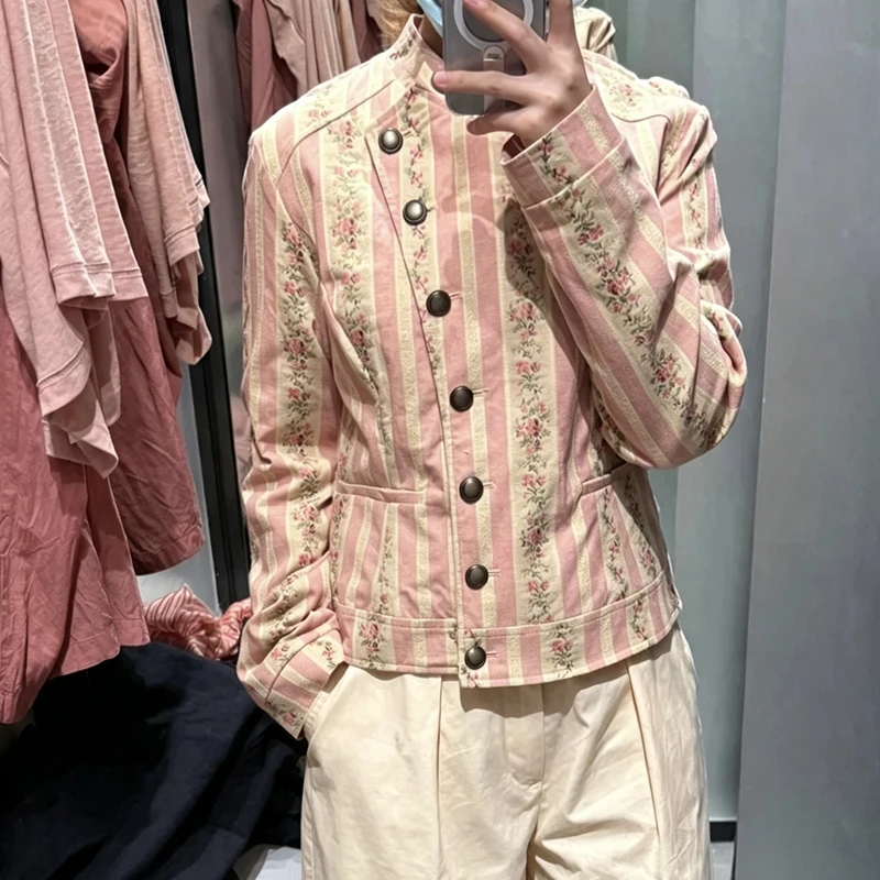 Jacquard-gestreifte Jacken mit seitlicher Knopfleiste für Damen, Street-Style, O-Ausschnitt, lange Ärmel, einreihig, geteilte, lockere Jacke, schicke Damenoberbekleidung – Detail 3