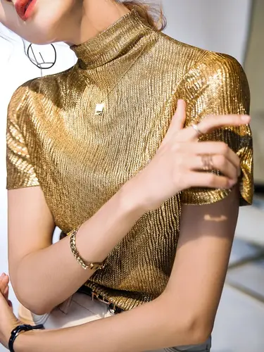 Camisetas de manga corta con cuello alto para mujer, camisetas de tela ligera brillante elástica para niña, camiseta para mujer