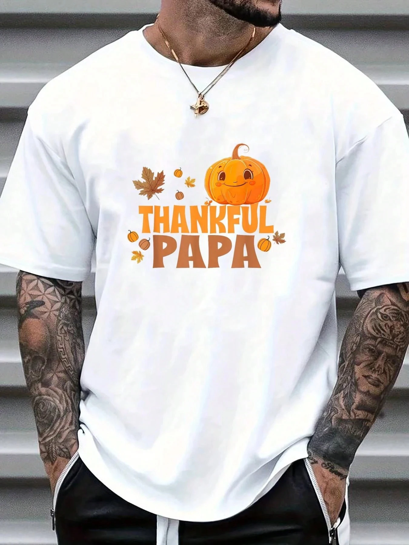 Thankful Papa Adorable Pumpkin With Acorns For Thanksgiving T-Shirt Thanksgiving Mens Fashion Short-Sleeved T-Shirt