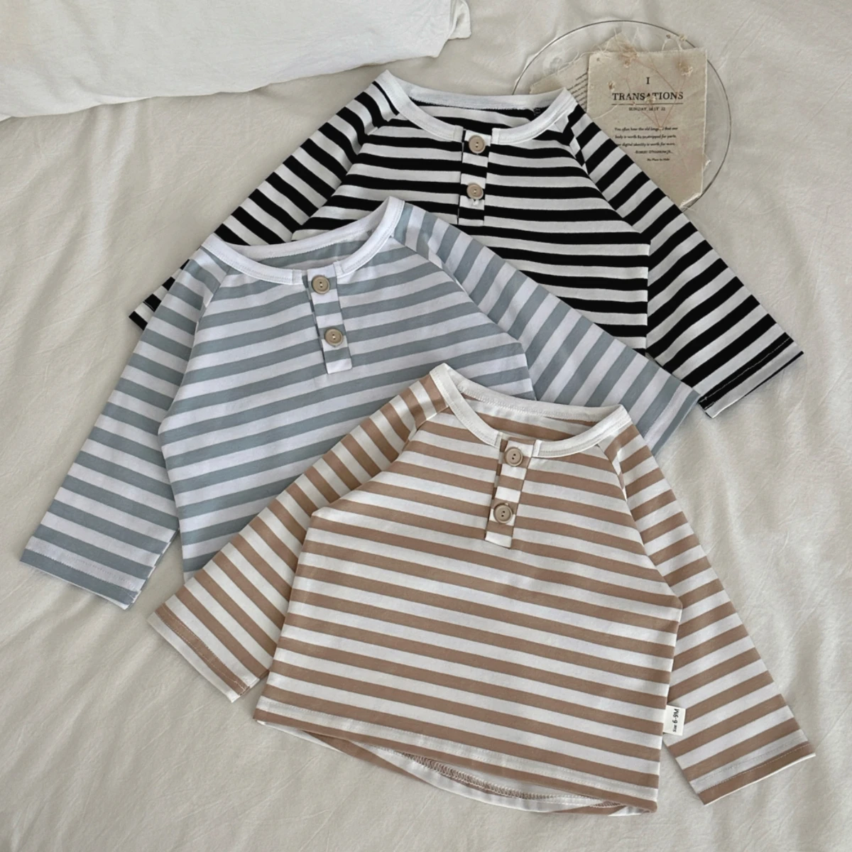 Unisex Baby Boy Clothes 3‑Pcs Striped Raglan Long Sleeve T‑Shirt Set, Infant Henley Collar Soft Stretch Base Top