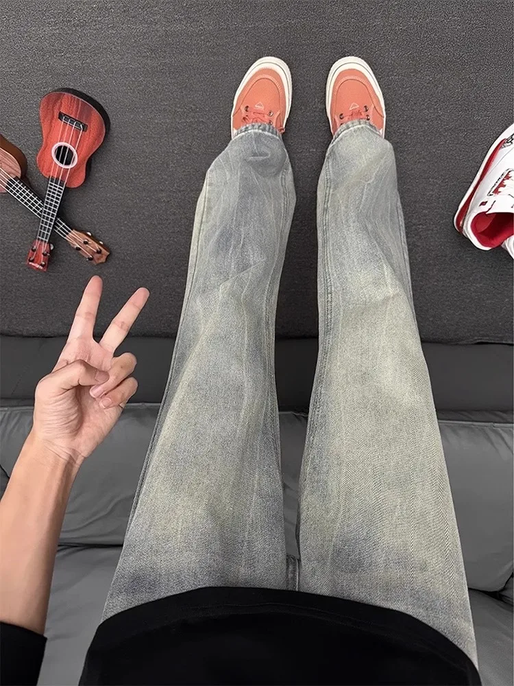 

Blue Waed Lightning Pattern Men's Summer Thin American Vibe Jeans Loose Straight Tube Micro Flared Pants Breathable Comfort...