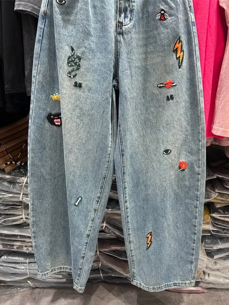 Plus size 5xl 140kg outono vintage jeans elástico wasit bordado jeans para mulher calças de perna larga tamanho grande jeans pano de grandes dimensões
