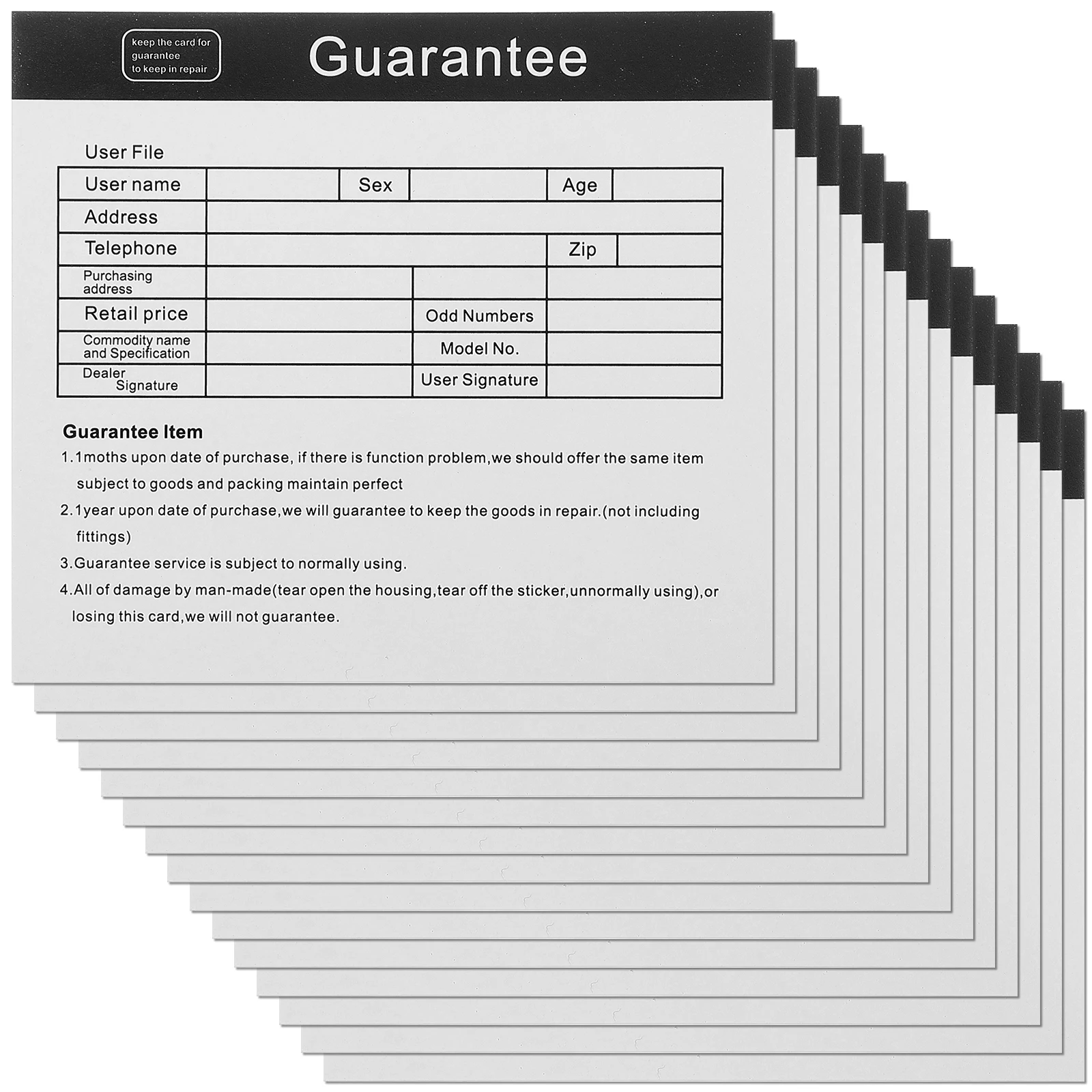 

200pcs Warranty Cards English Repair Guarantee After sales Maintenance Appliance After Sales Supplies Business Cards