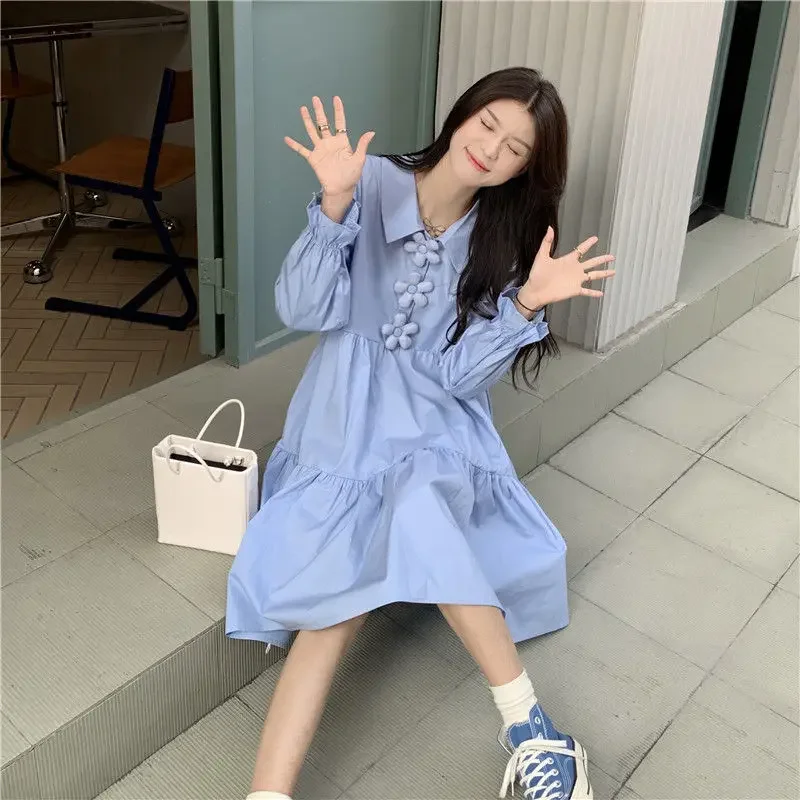 Lockeres First Love Short Chic Milk Sweet Kleid Langarm-Hemdkleid Französisch