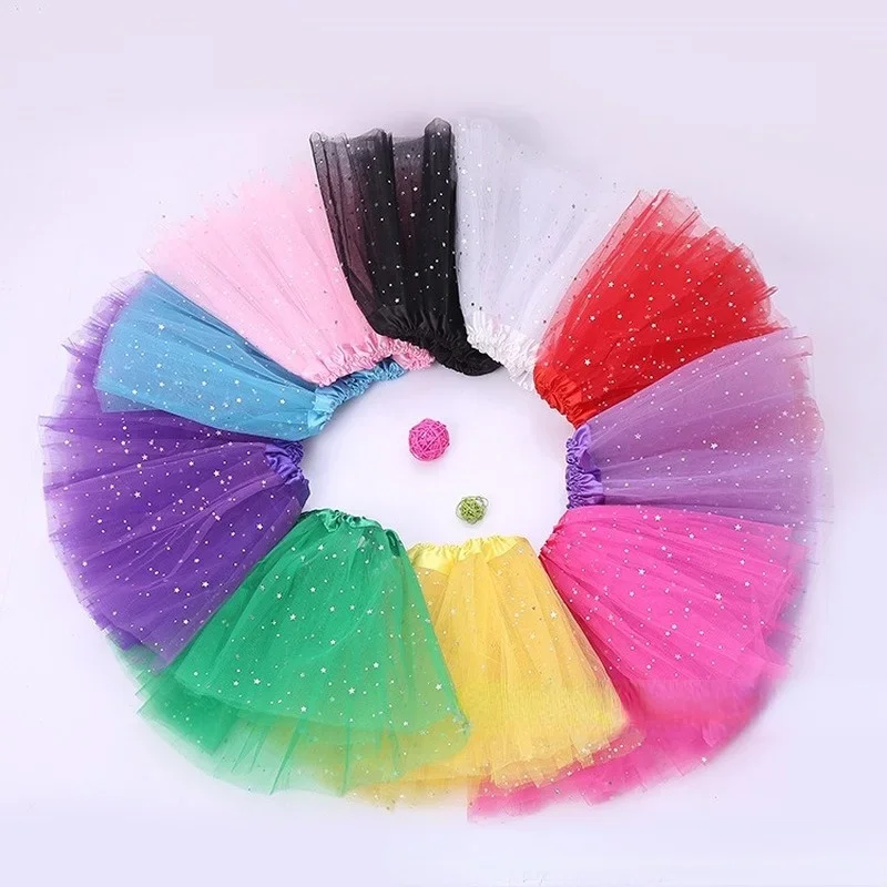 Cute Net Yarn Color Sequined Star Tutu Skirt Dance Daily Wear  Children Girls Clothing Cosplay Birthday