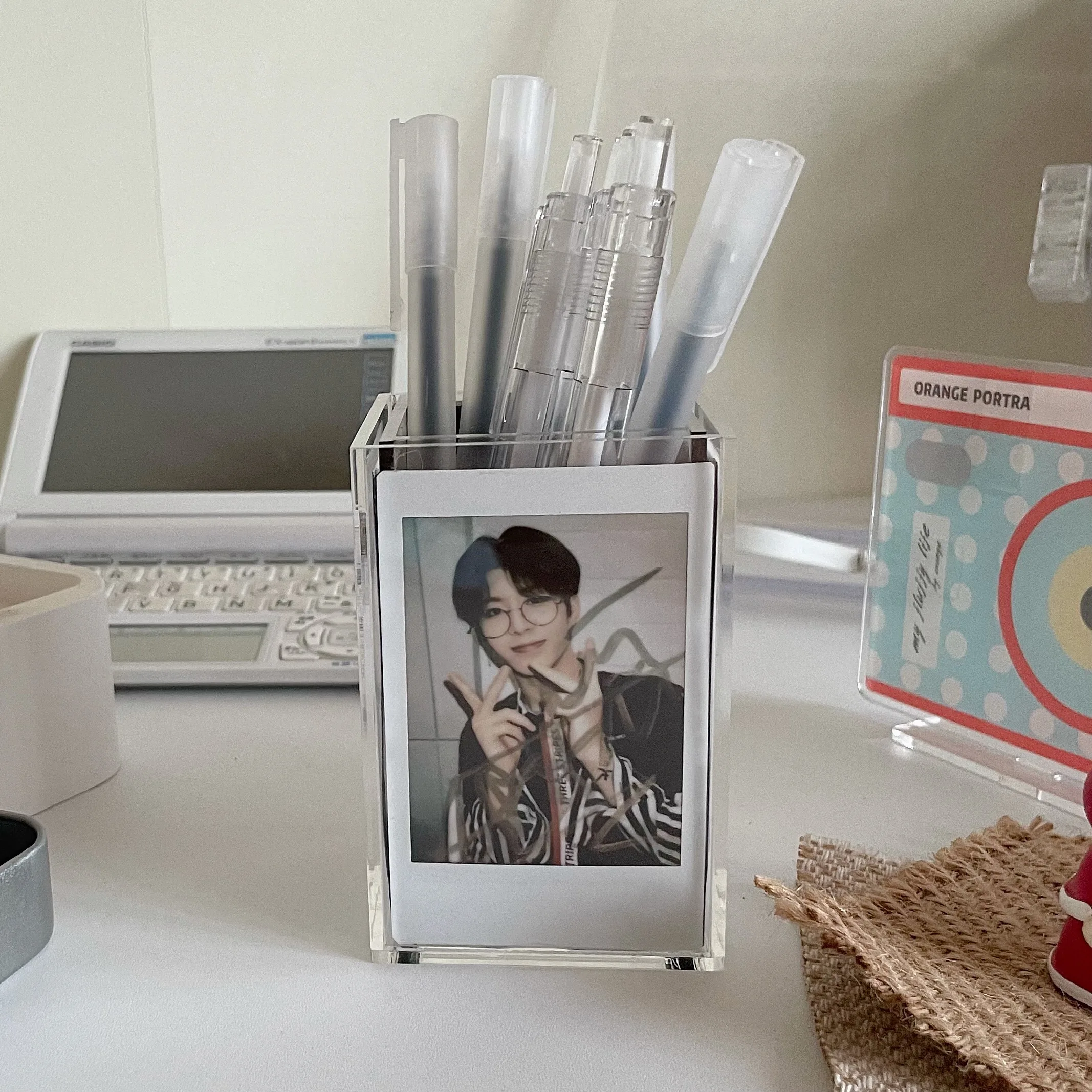 Acrylic Transparent Polaroid Multifunction photo frame Pen Holder Desktop Organiser Home Office Card Storage Box Stationery