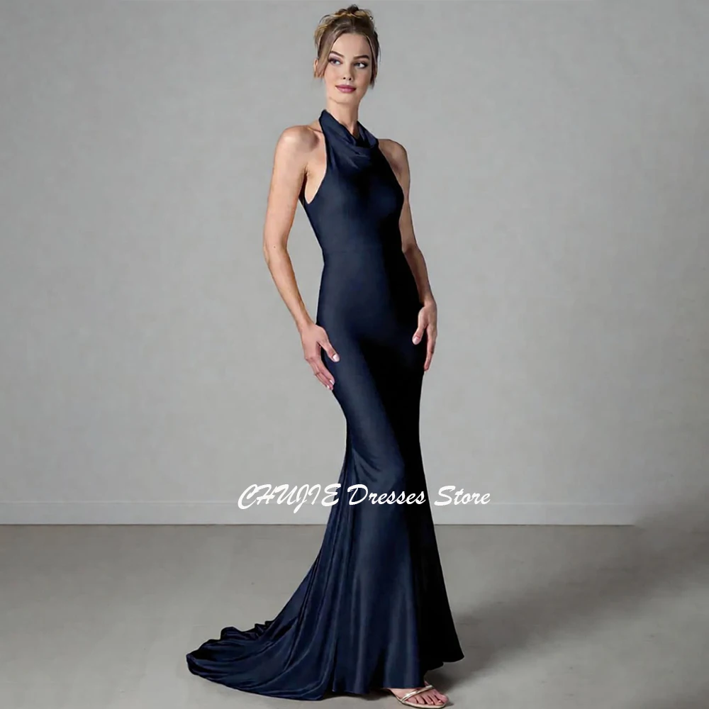 

Customized Dark Navy Evening Dress Halter Neck vestido de noche Formal Occasions Dresses Silk Satin Mermaid Wedding Party Gowns