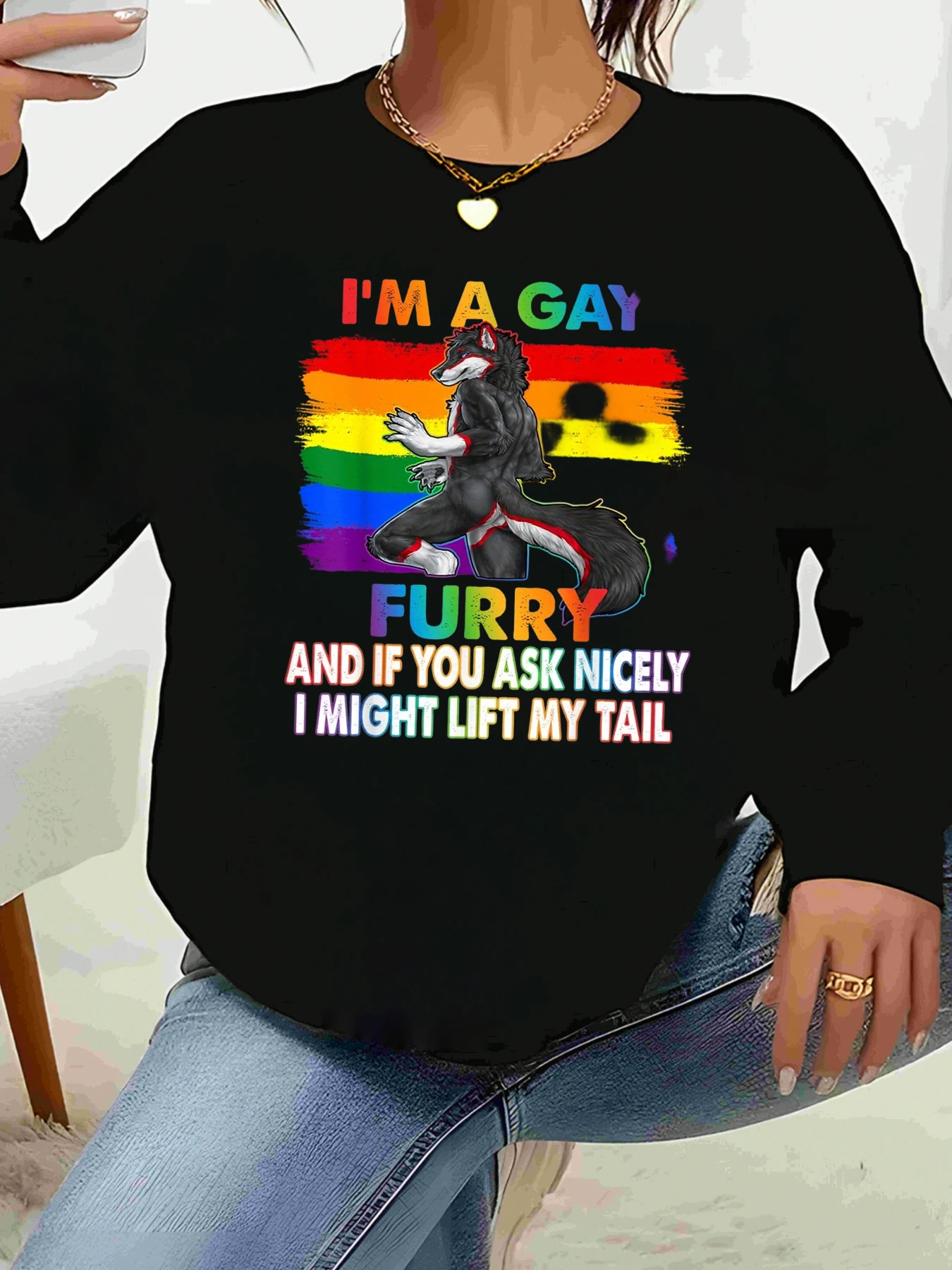 

Футболка с длинными рукавами и рисунком Rainbow Wolf Furry Pride Lgbtq, повседневная одежда больших размеров для женщин и мужчин