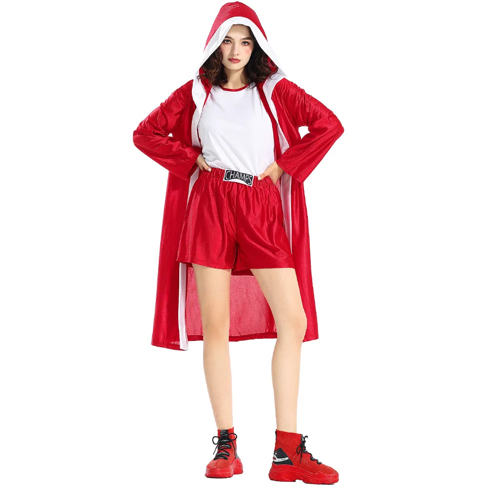 Woman White Top Red Pants Long Cloak 3Pcs Set Boxer Cosplay Game Suit Battle Robe Hooded Jacket, Sports Set Halloween Costumes