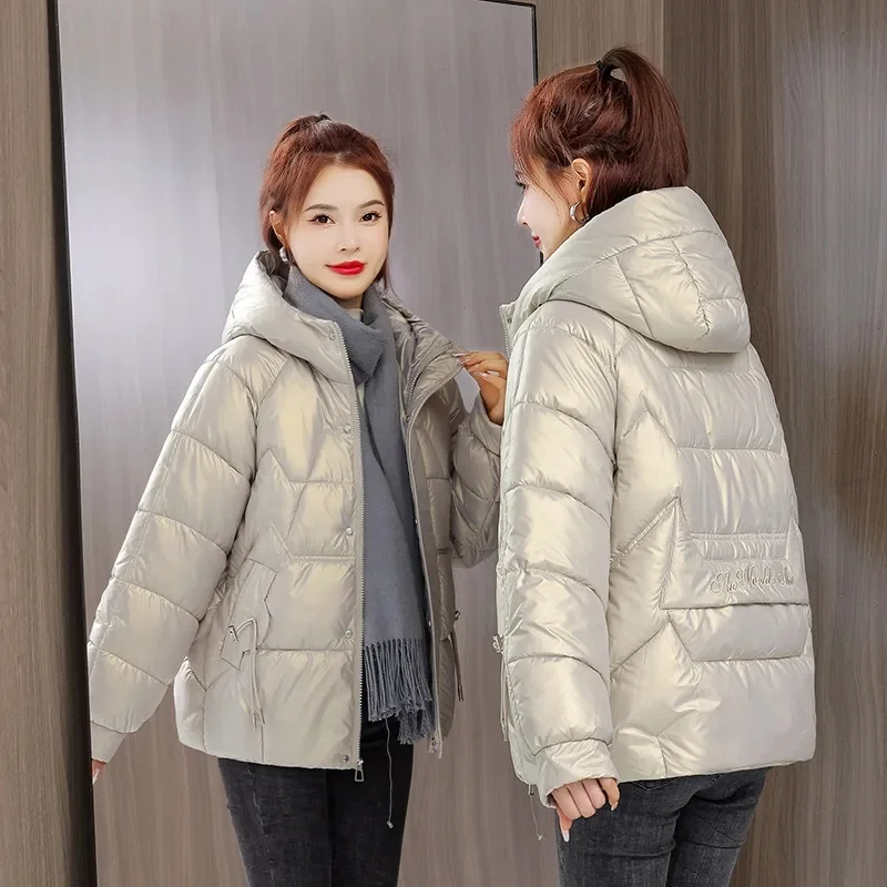 Women Jacket 2023 New Winter Parkas Female Glossy Hooded Down Cotton Jackets Casual Warm Parka Short Coat Female Outwear