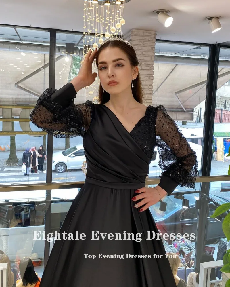 Eightale Black Evening Dresses V-Neck Shiny Glitter Long Sleeves Floor Length  Satin A-Line Party Prom Gown Vestidos De Noche