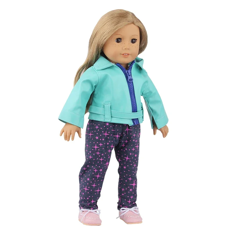Boneca Outfit para recém-nascido Baby Girl, Conjunto de Roupas de Boneca, Casaco De Couro, T-shirt, Calças, American 18 ", 17", 43cm, 1 Conjunto