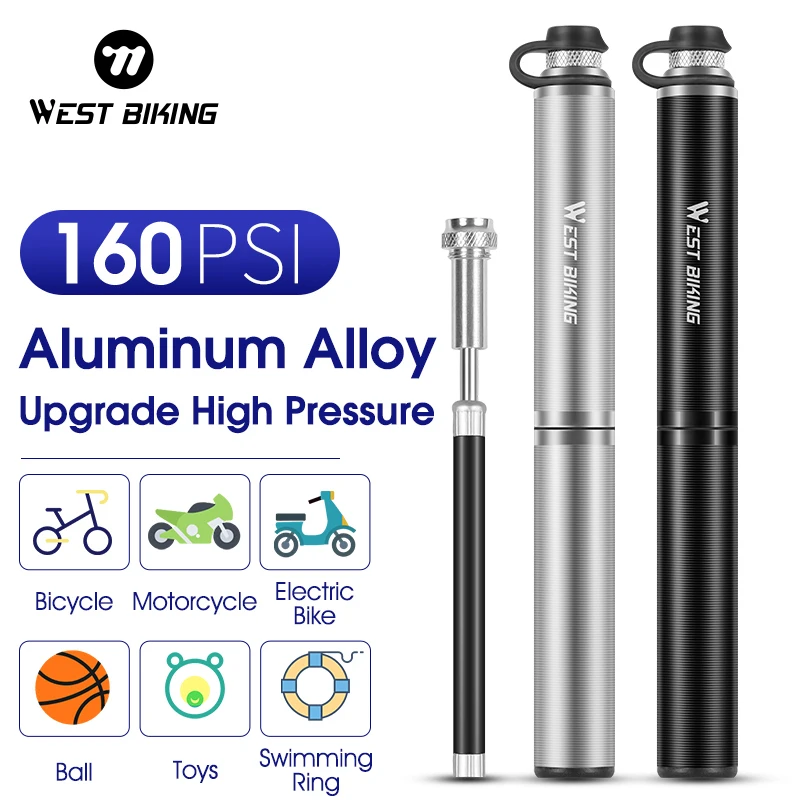 WEST BIKING Portable Bike Pump 160PSI Aluminum Alloy Cycling Air Pump Bicycle Ball Tire Inflator Schrader Presta Valve Mini Pump