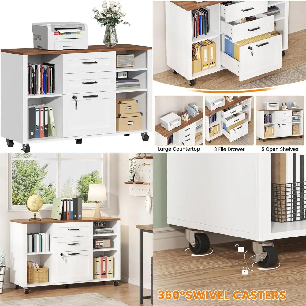 Mobiler Rollaktenschrank mit Schloss, offenen Regalen, Druckerständer, geeignet für Zuhause oder Büro, für Legal-/A4-Dateien, weiß