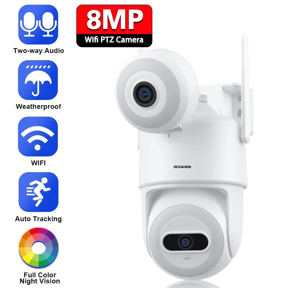 8MP 4K PTZ Wifi Camera Dual Lens with Dual Screen Ai Human Detect Auto Tracking Wireless Outdoor Surveillance Camera iCSee App