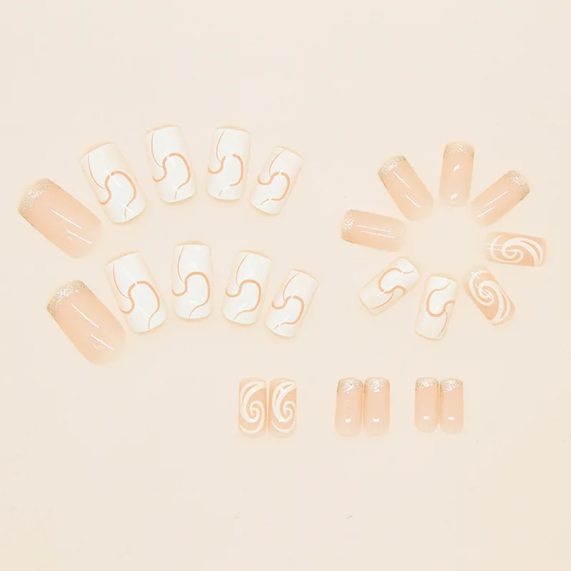 24 stuks lange vierkante pers op nagels - champagne en crème witte glitter met onregelmatige strepen en aderen ontwerp