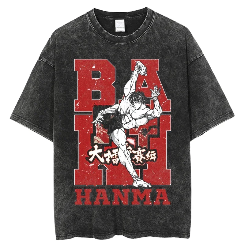 

Harajuku Vintage Washed T-shirt Anime Grappler Baki Kyokudai taikai Casual O-Neck Streetwear Short Sleeve Unisex T-Shirt