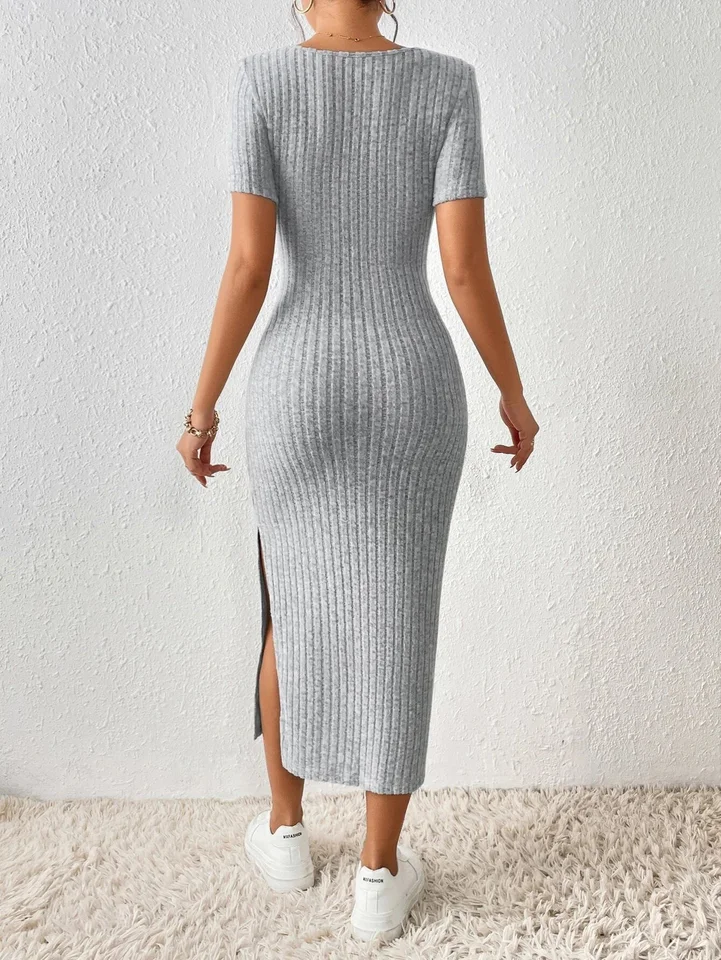 Vestido de punto para mujer estilo primavera verano, casual de manga corta, cuello cuadrado, con abertura lateral 2