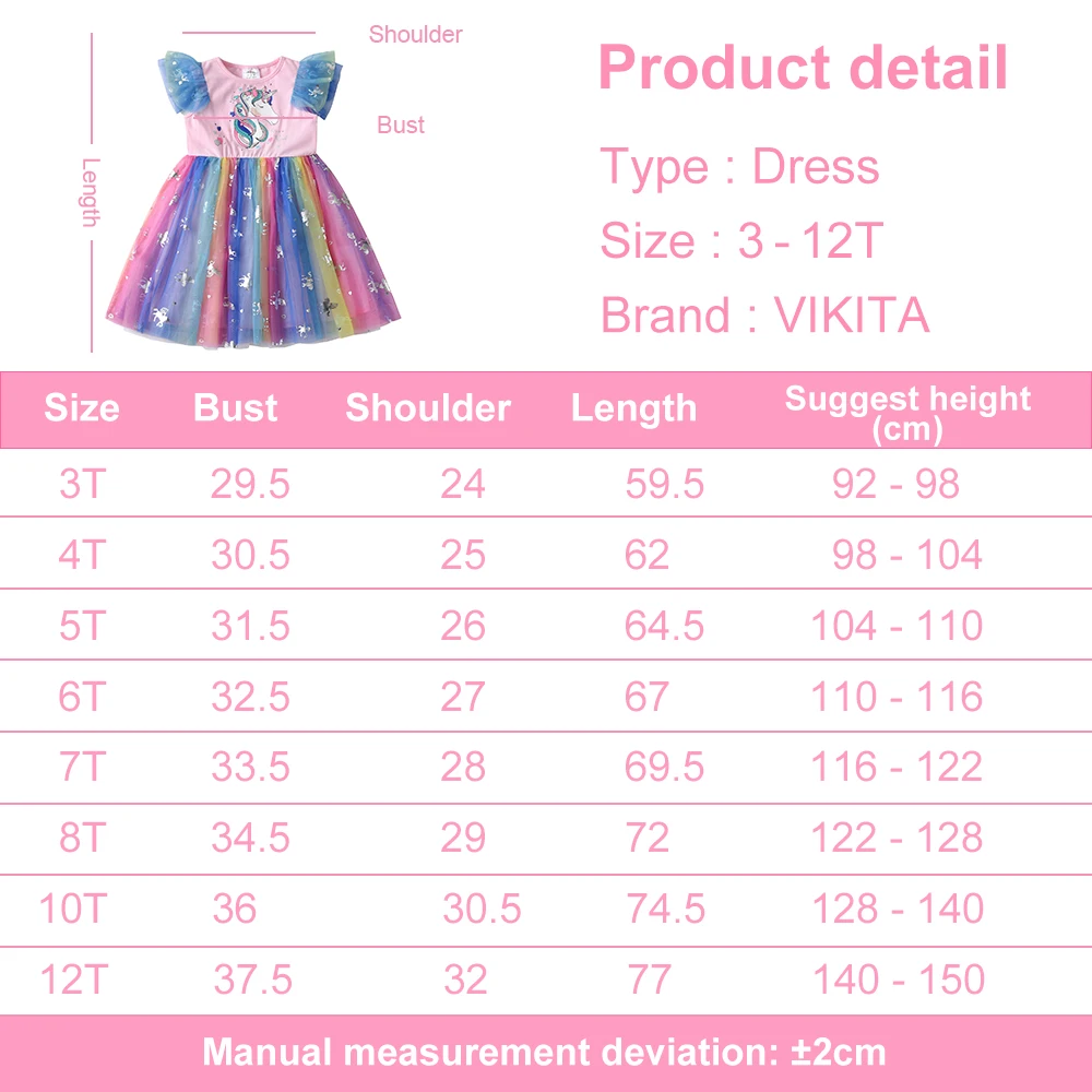 VIKITA-Robe imprimée de dessin animé pour filles, manches évasées, maille colorée, tulle, enfants, fête d\'anniversaire, princesse, été