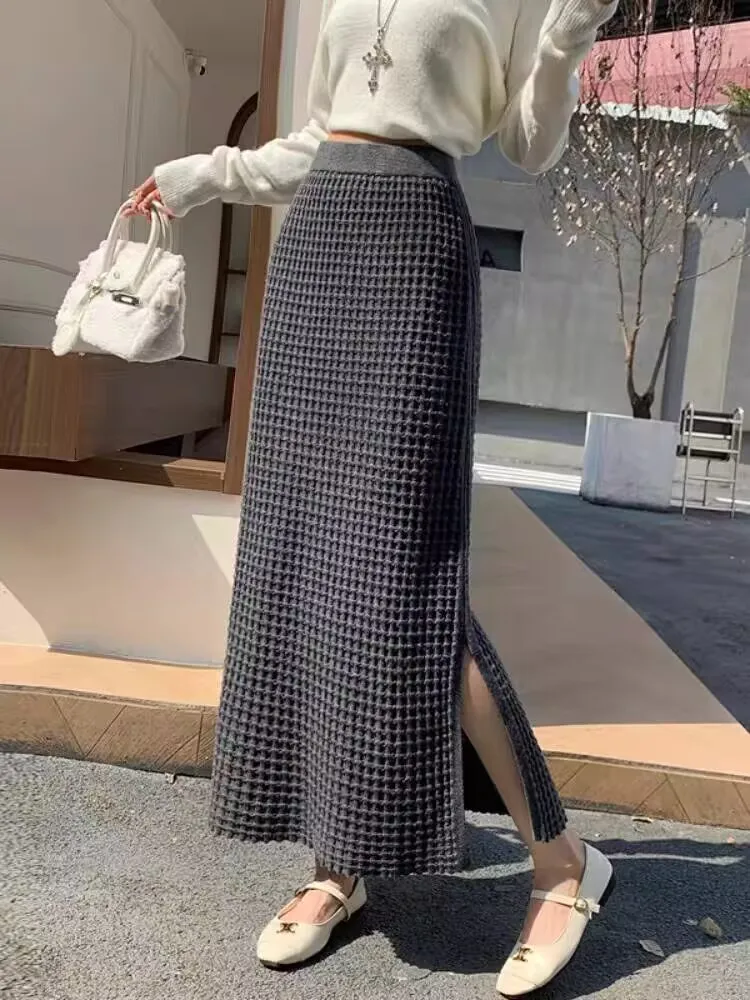 Knitted Midi Skirt A-Line High Waist Slit Hip Concealing Herringbone Pattern for Women Autumn Winter Fashion Real Shot Female
