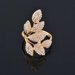 SINLEERY Full Crystal Gold Color Leaf Finger Rings For Women Statement Party Jewelry Gifts JZ058