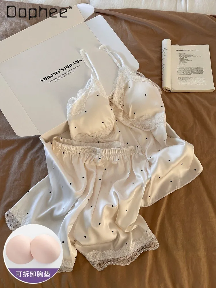 French Minimalist Light Pure Wind V-neck Splicing Lace with Chest Pad Polka Dot Pajamas Suspender Shorts Set Women's Loungewear