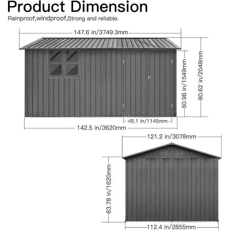 UBO 12x10 FT Outdoor Storage Clearance,Large House,Metal Garden Shed with Updated Frame Structure Windows and Lockabl