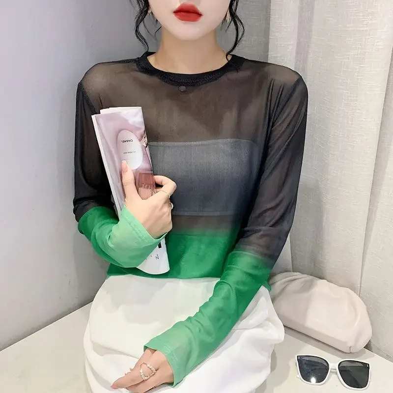 DAYIFUN-Thin Gradient Printed Mesh Design Tees for Women,Ladies' Layered Sun Protection Clothing Ice Silk Tops,Summer T-shirts image 2
