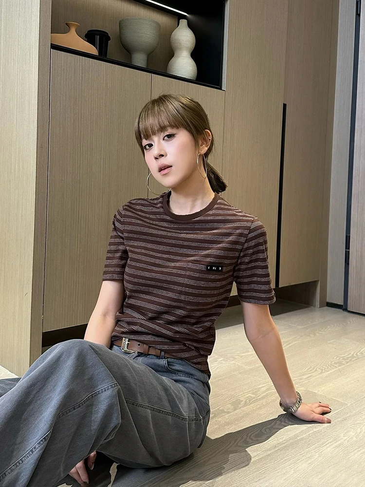 

Miu Sle Letter Stripe round Ne ort Sve T-irt Women's Loose Layering Top Cotton Breathable Moisture ng Summer