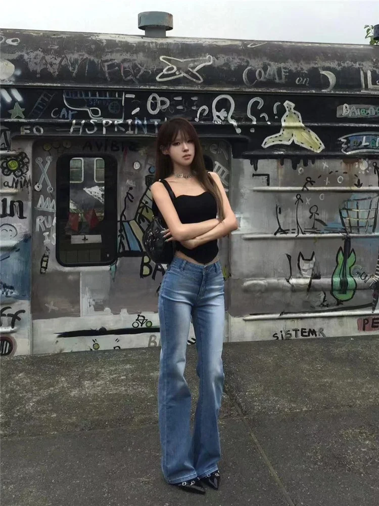

American Retro High Street Light Micro Flare mid Low Waist Jeans Women's Slimming Extended Floor Length Pants for Tall Women