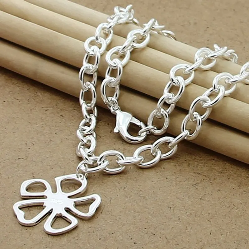 

925 Sterling Silver Flowers Pendant Necklace 18 Inch Chain For Women Wedding Engagement Fashion Jewelry
