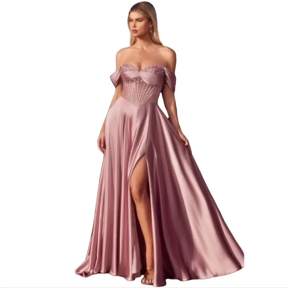 

Dubai Evening Dresses Pink Pleated Satin vestidos de noche Off Shoulder Beading Prom Dress 2025 Women Customized فساتين سهرة